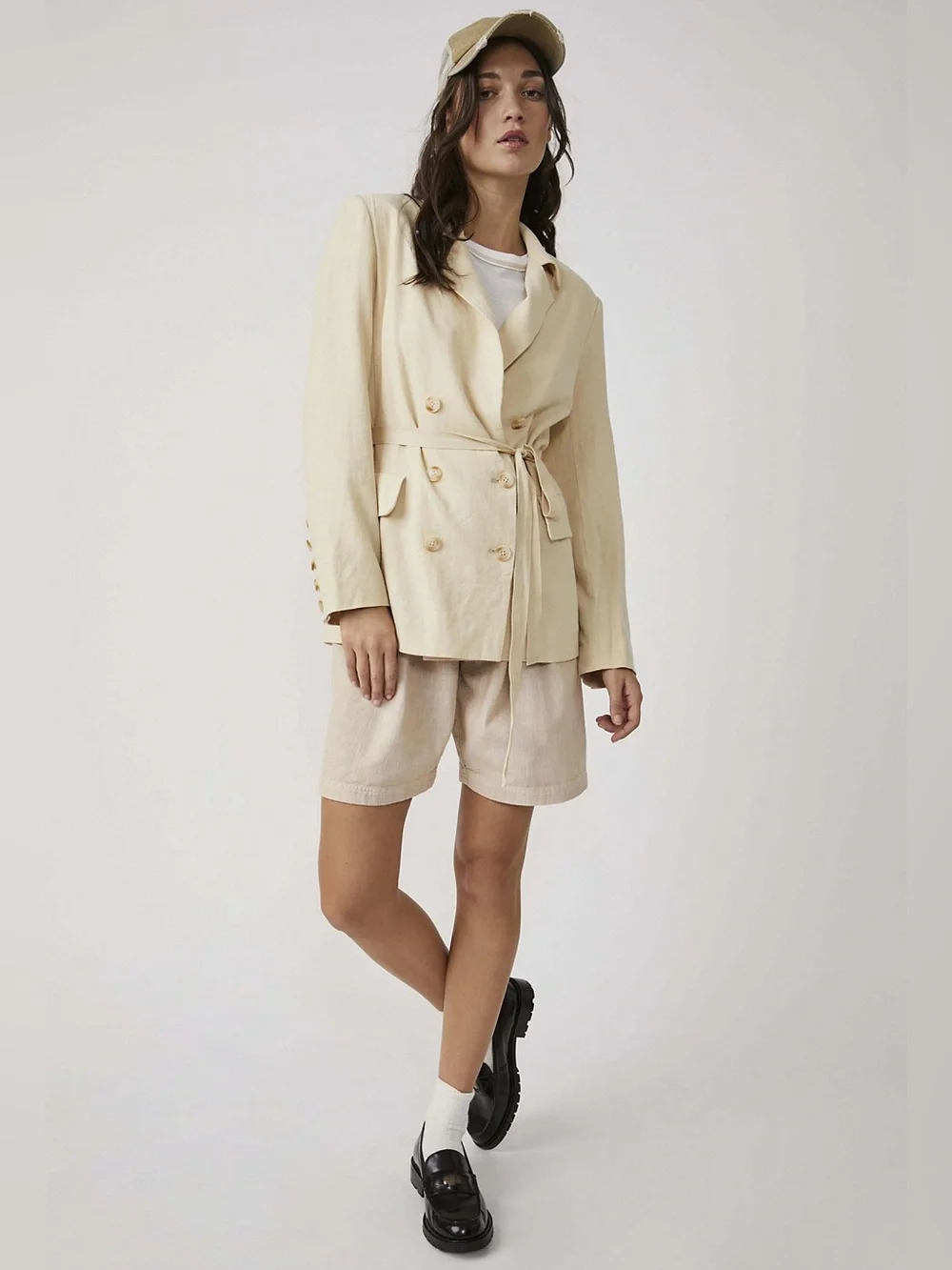 Free People Olivia Tie Front Blazer Neutral XS Linen Oversized Double Breasted